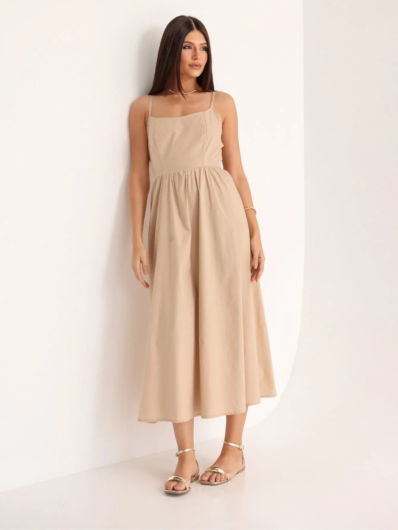 Vestido Midi Tricoline Alças Reguláveis