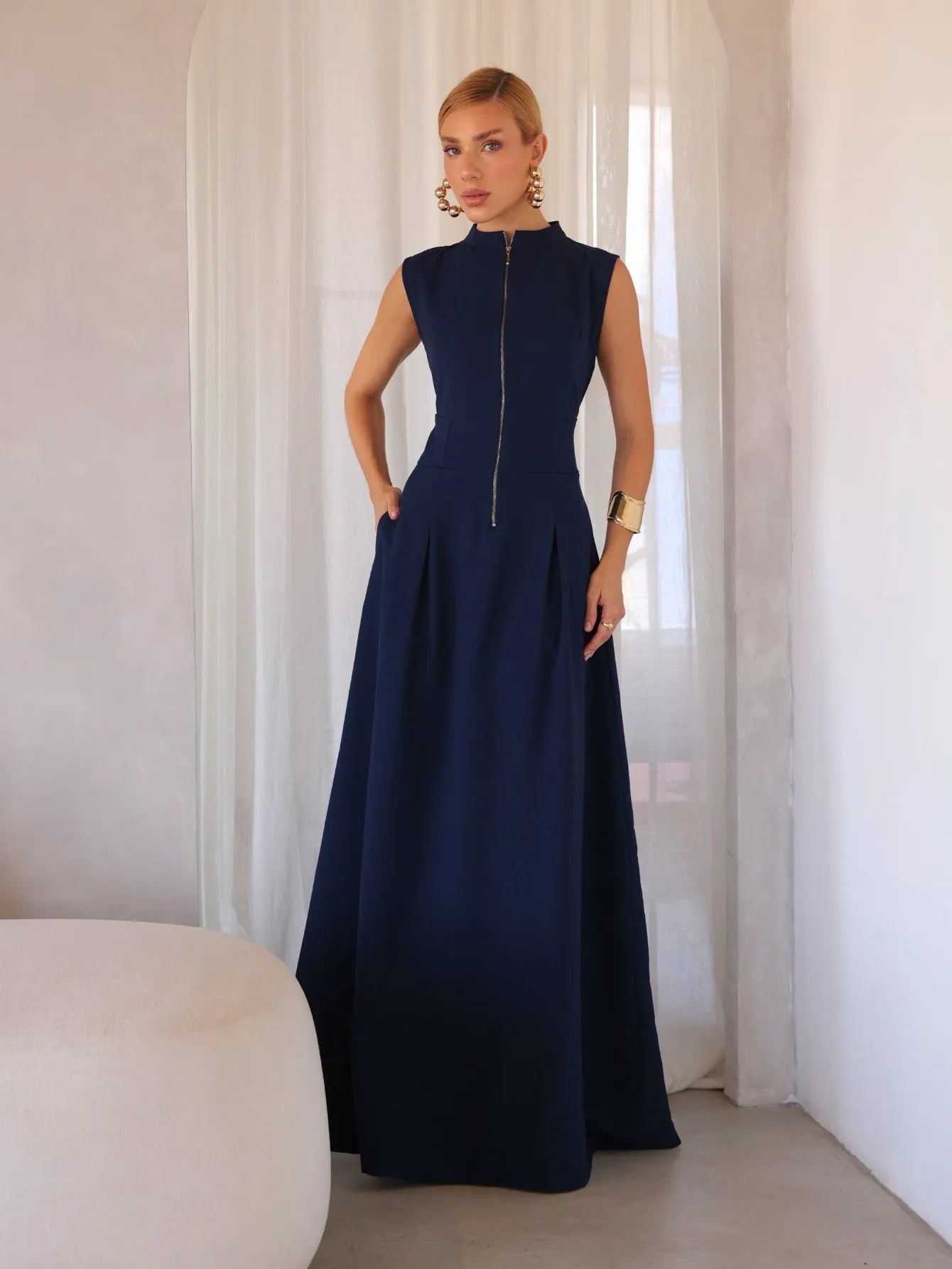 Vestido Longo Alfaiataria Zíper Frontal