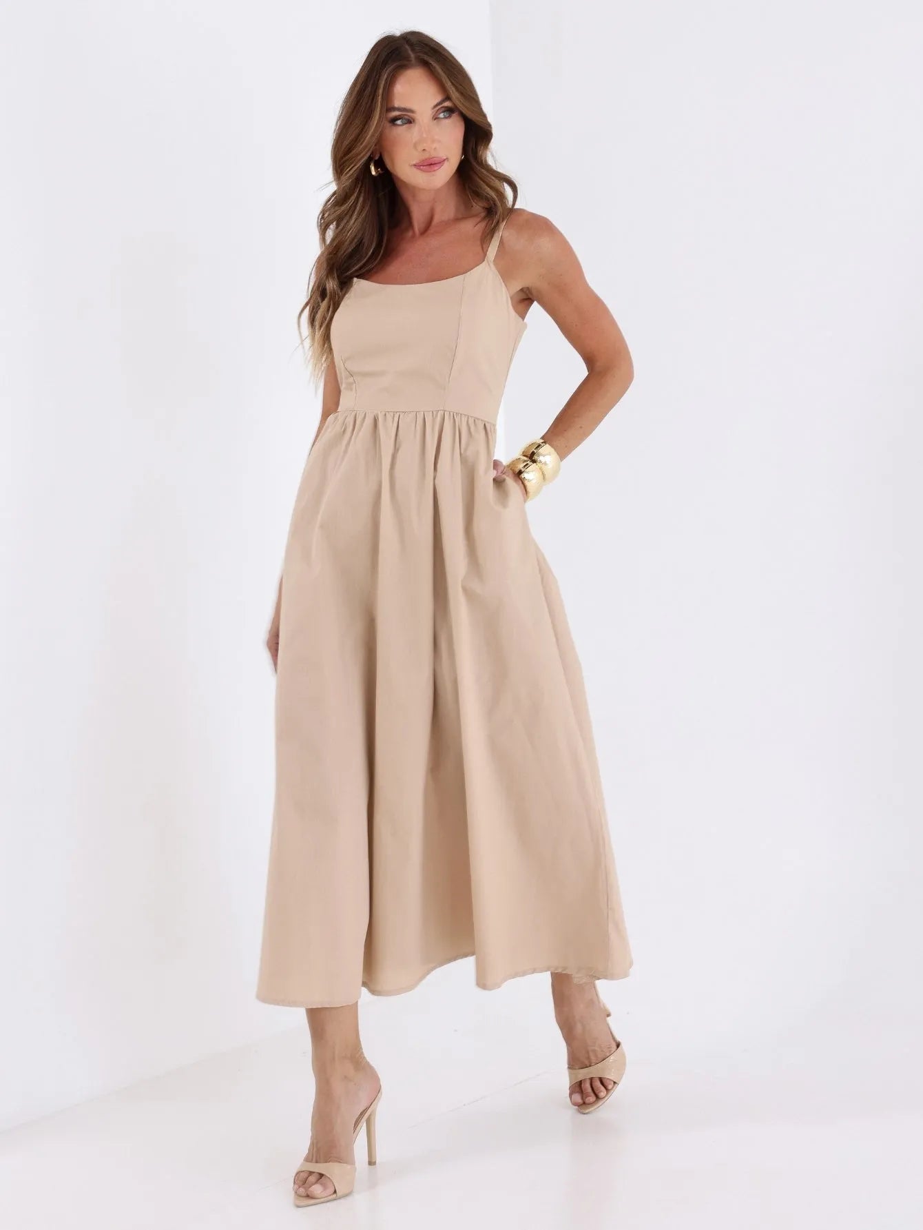 Vestido Midi Tricoline Alças Reguláveis