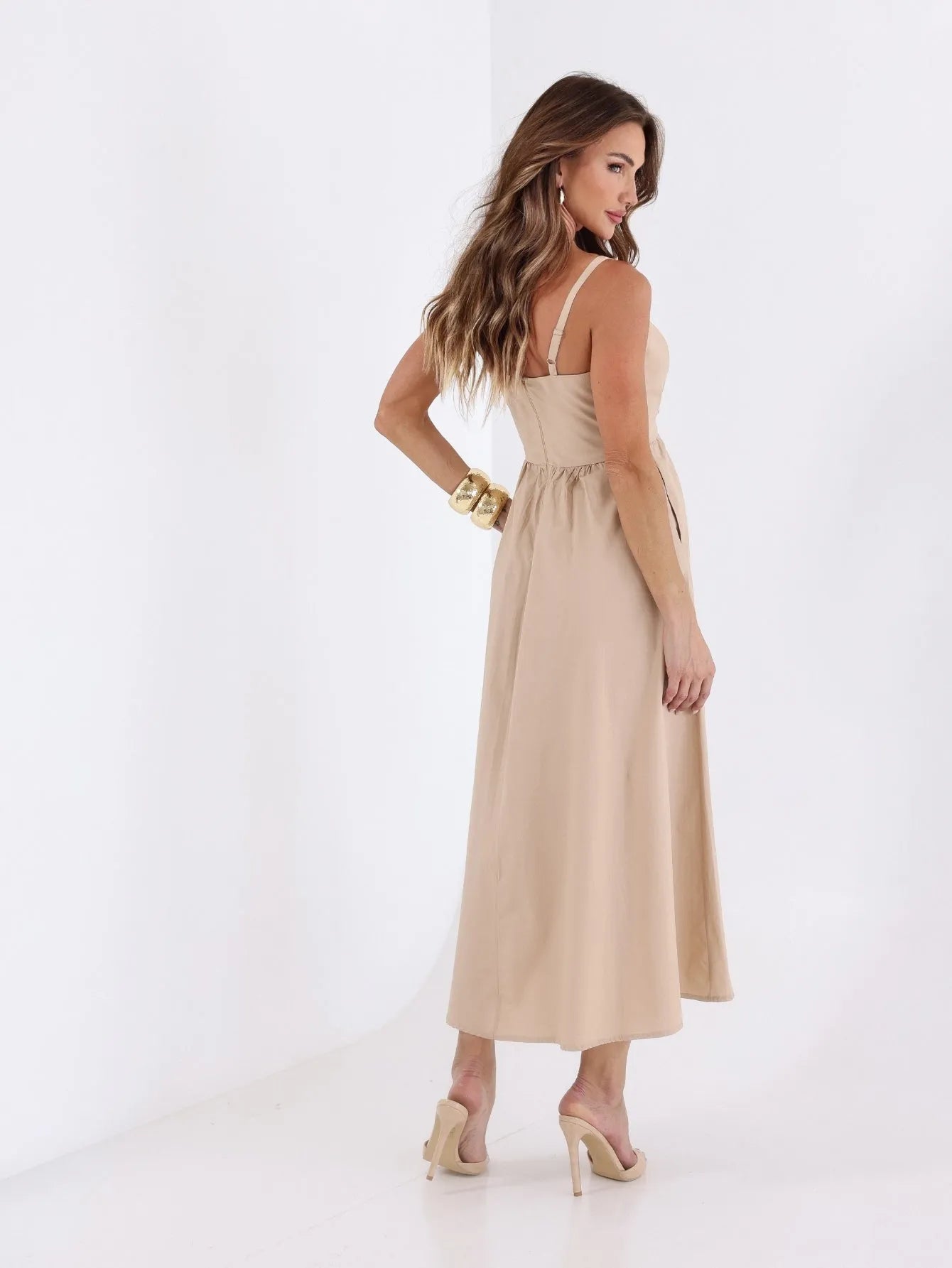 Vestido Midi Tricoline Alças Reguláveis