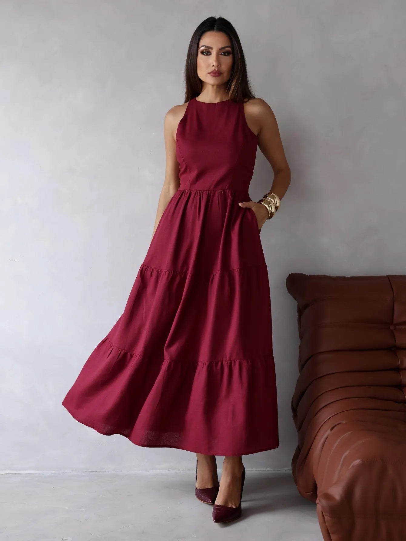 Vestido Longo Linho Sem Manga
