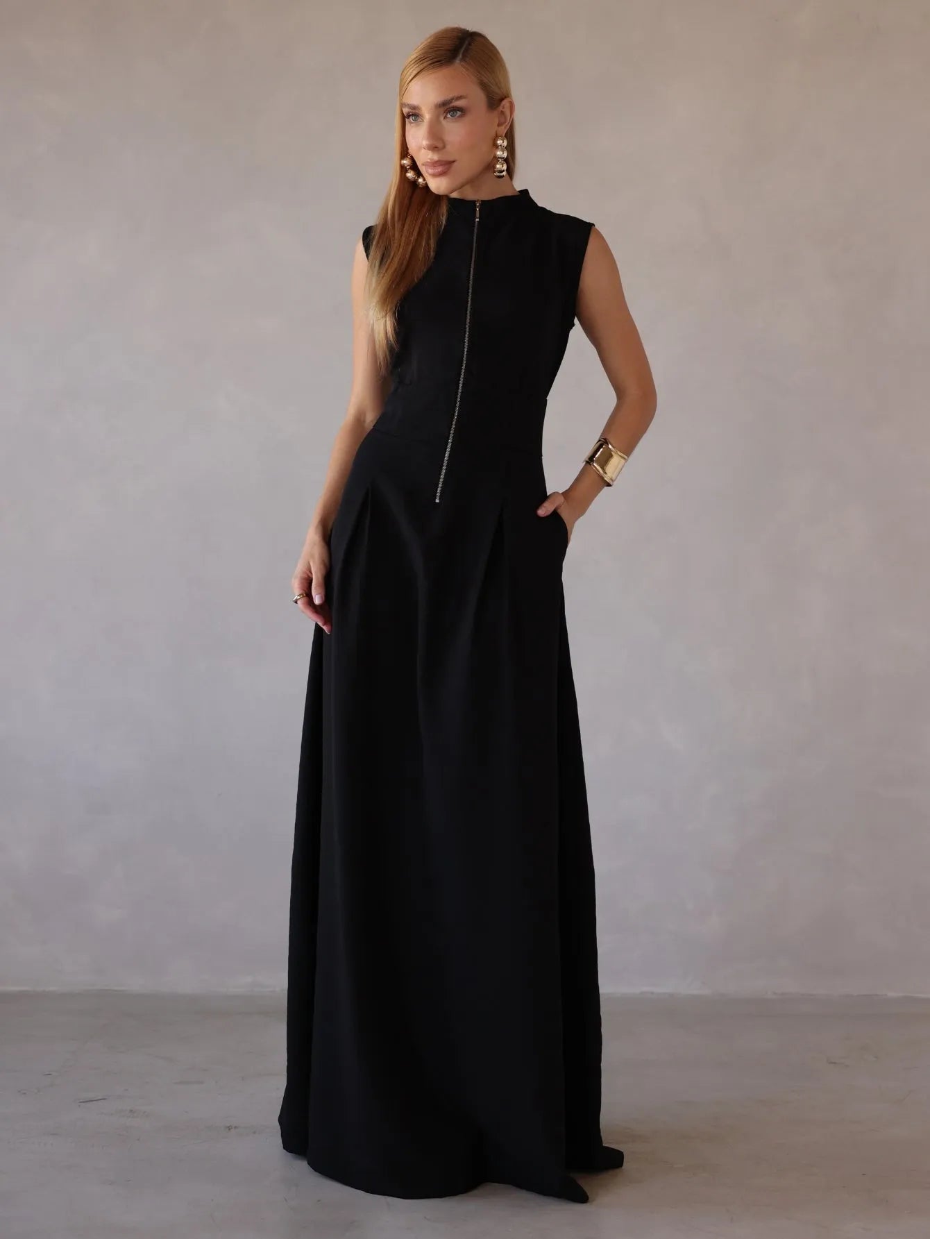 Vestido Longo Alfaiataria Zíper Frontal