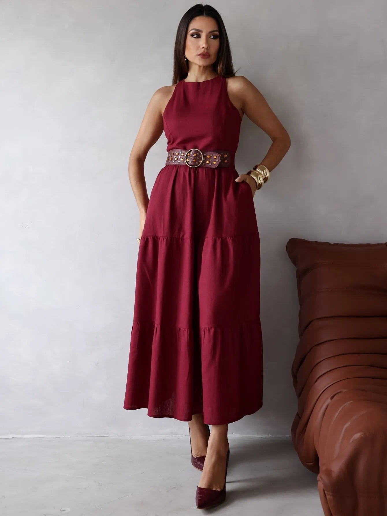Vestido Longo Linho Sem Manga