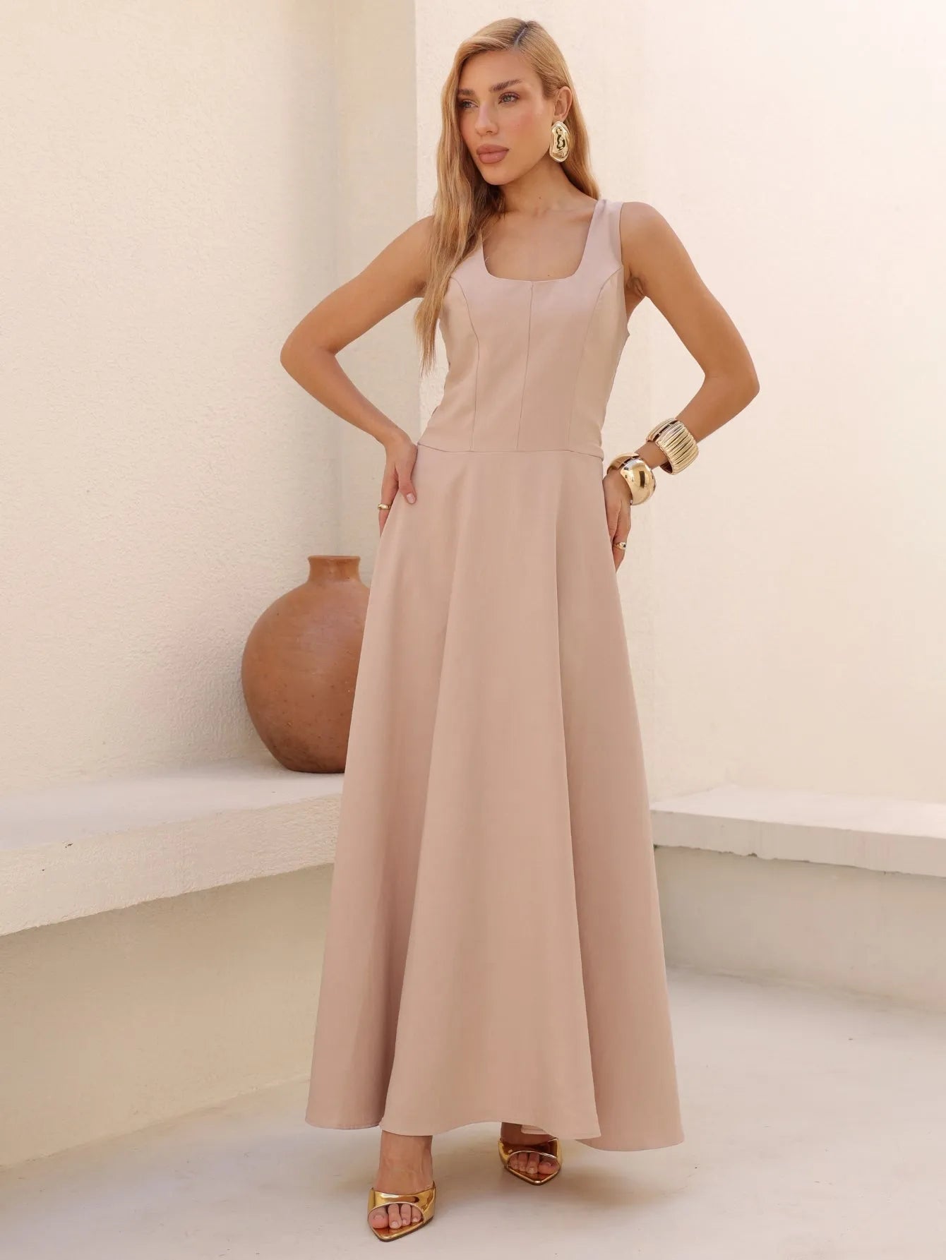 Vestido Longo Alfaiataria Decote Quadrado