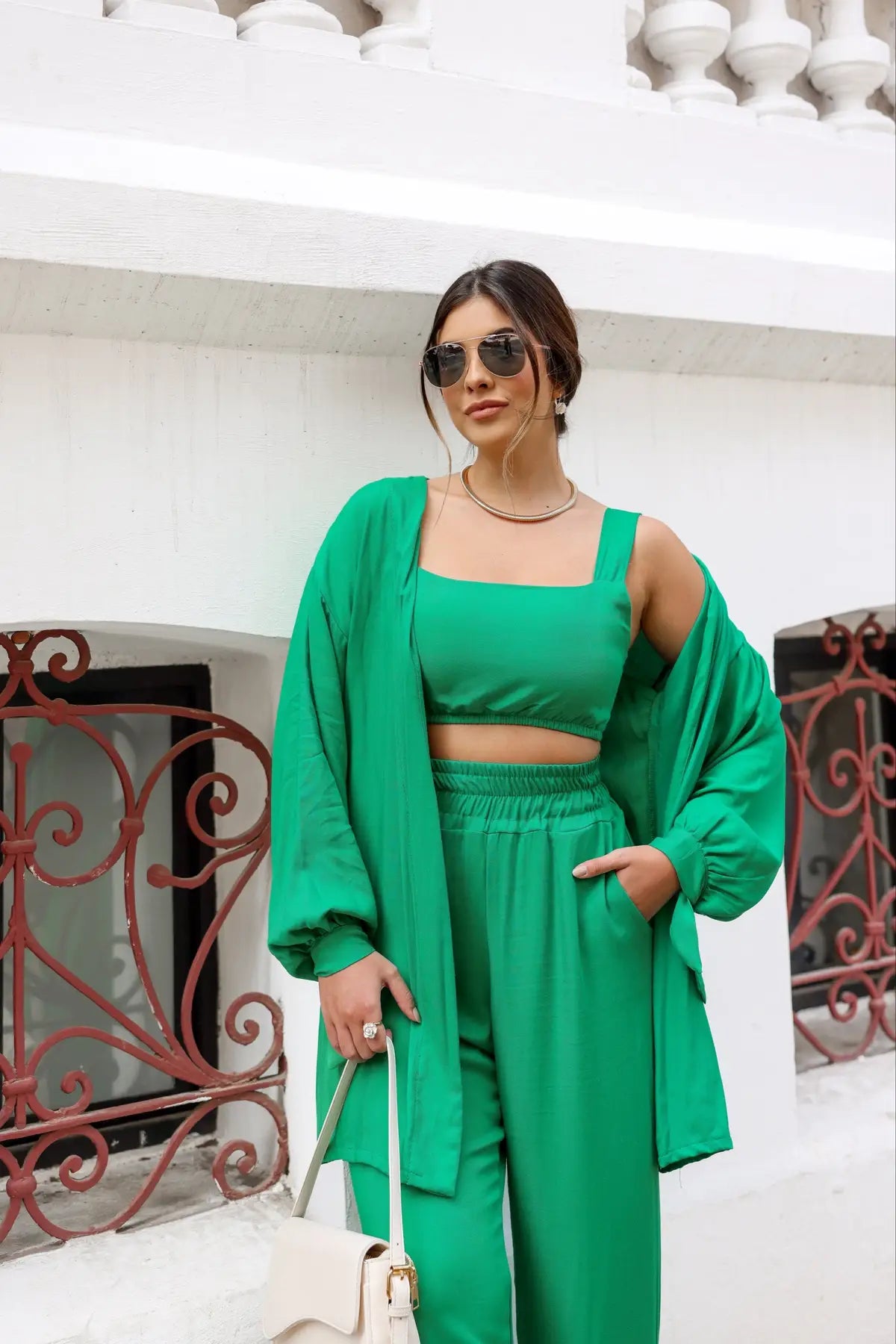 Conjunto Twill Kimono Pantalona Top