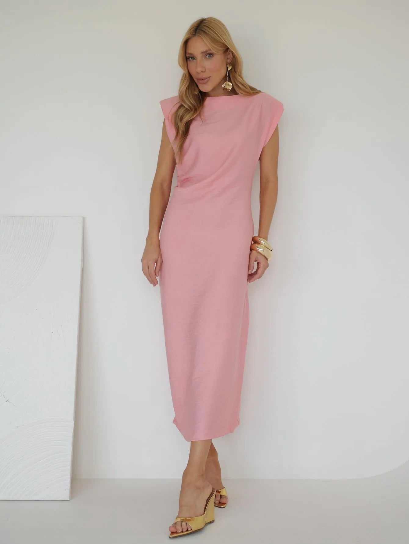 Vestido Midi Drapeado Ombreiras