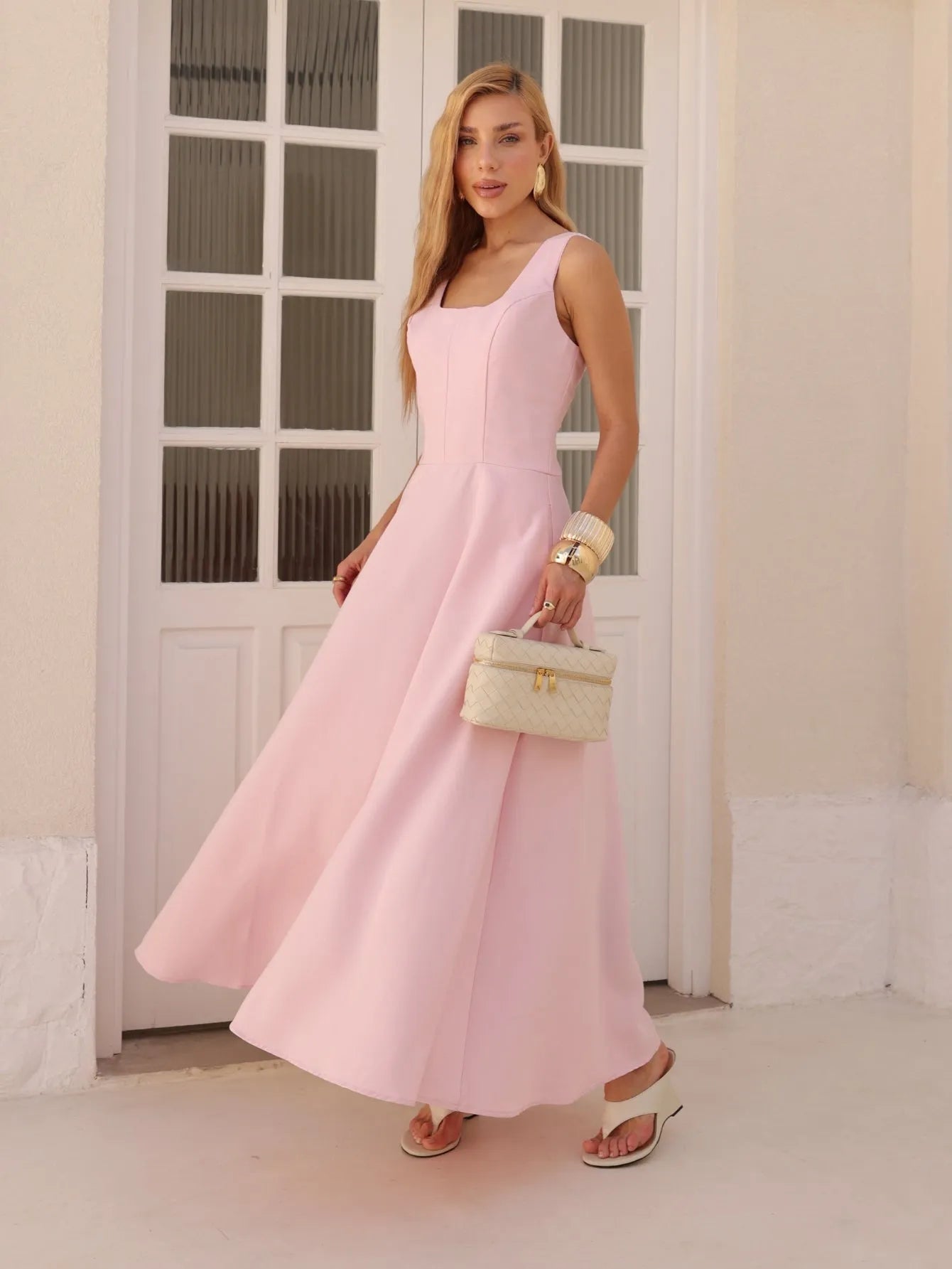 Vestido Longo Alfaiataria Decote Quadrado