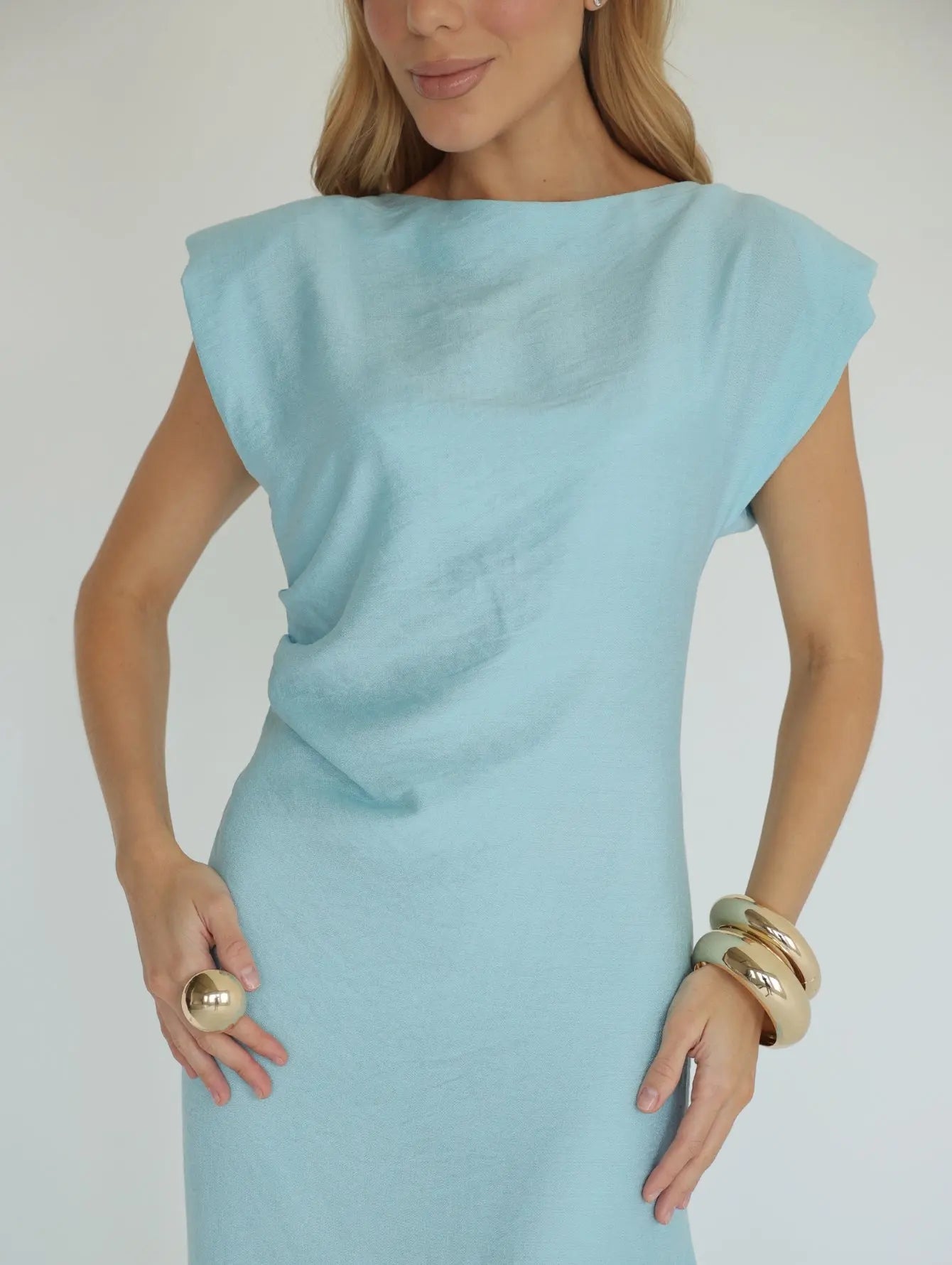 Vestido Midi Drapeado Ombreiras
