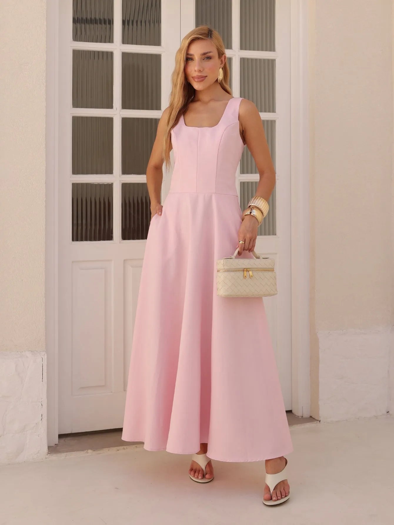 Vestido Longo Alfaiataria Decote Quadrado