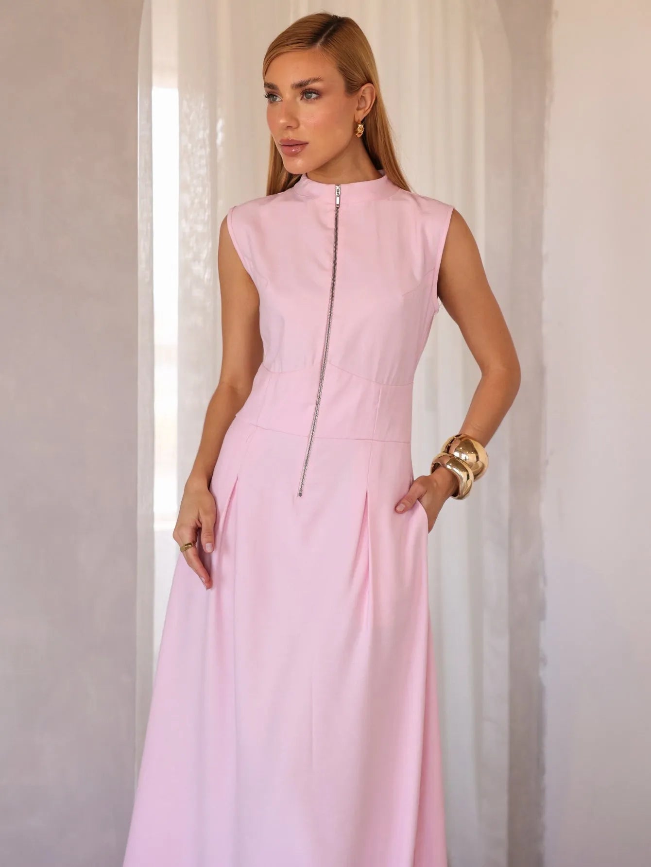 Vestido Longo Alfaiataria Zíper Frontal