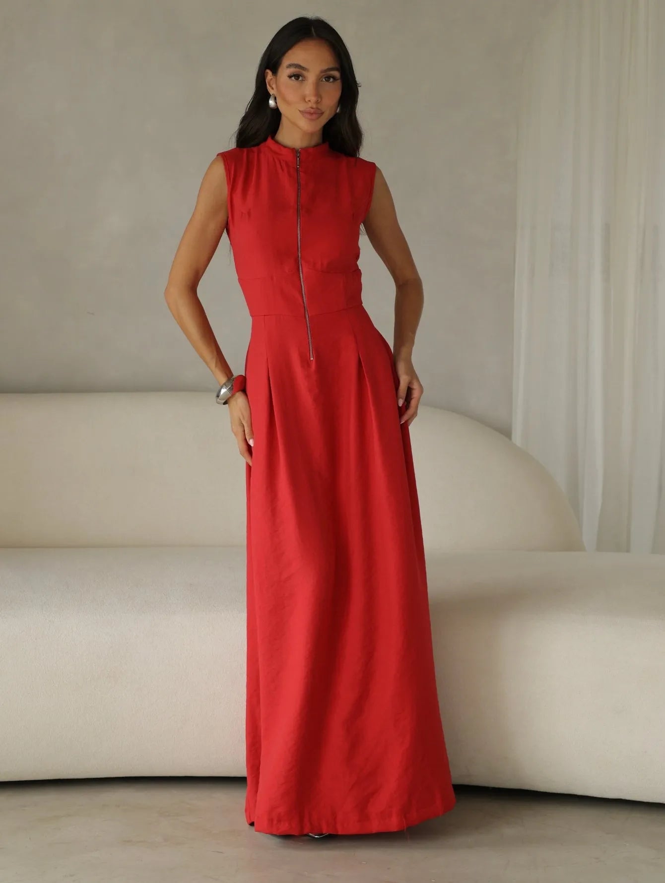 Vestido Longo Alfaiataria Zíper Frontal