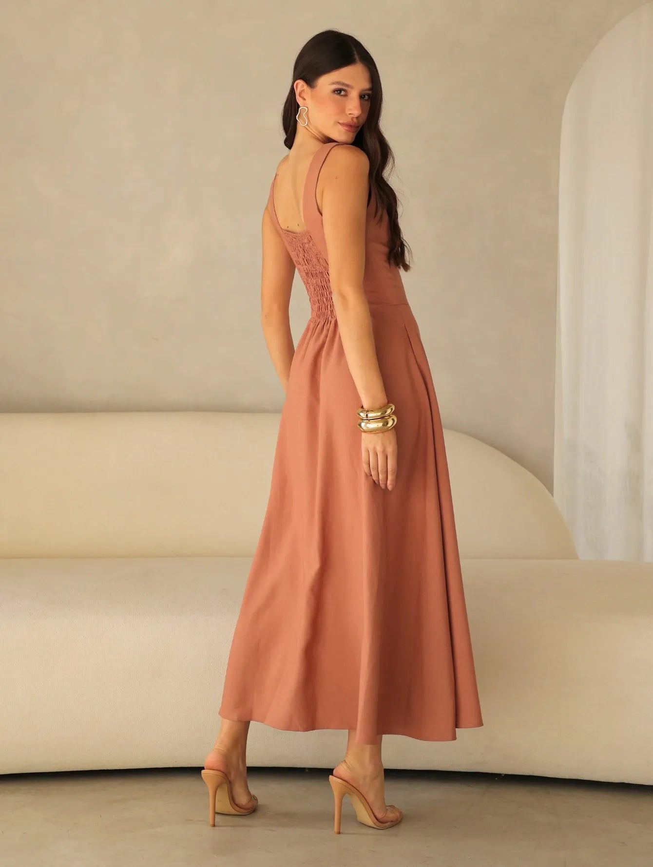 Vestido Longo Alfaiataria Decote Quadrado
