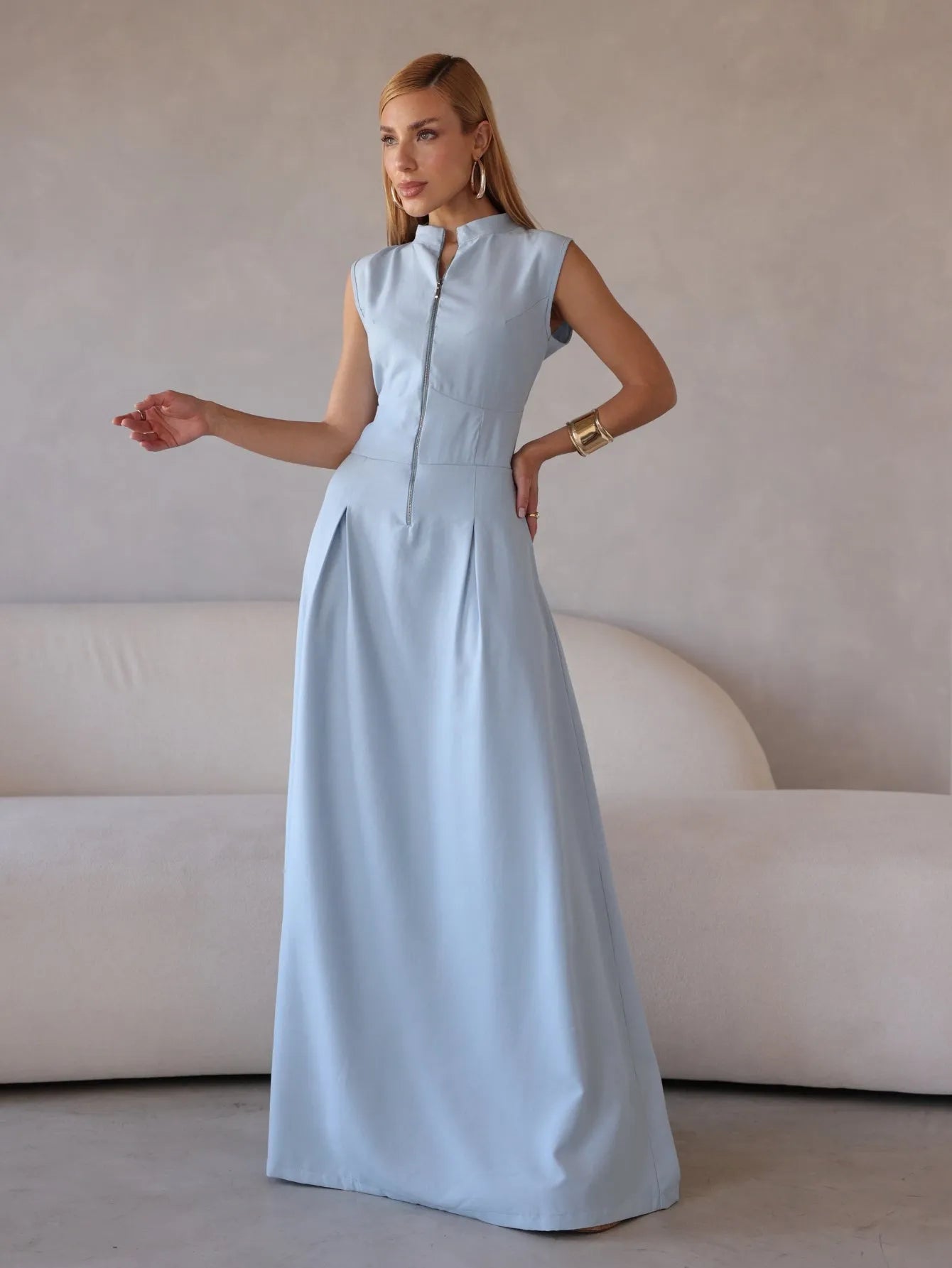 Vestido Longo Alfaiataria Zíper Frontal