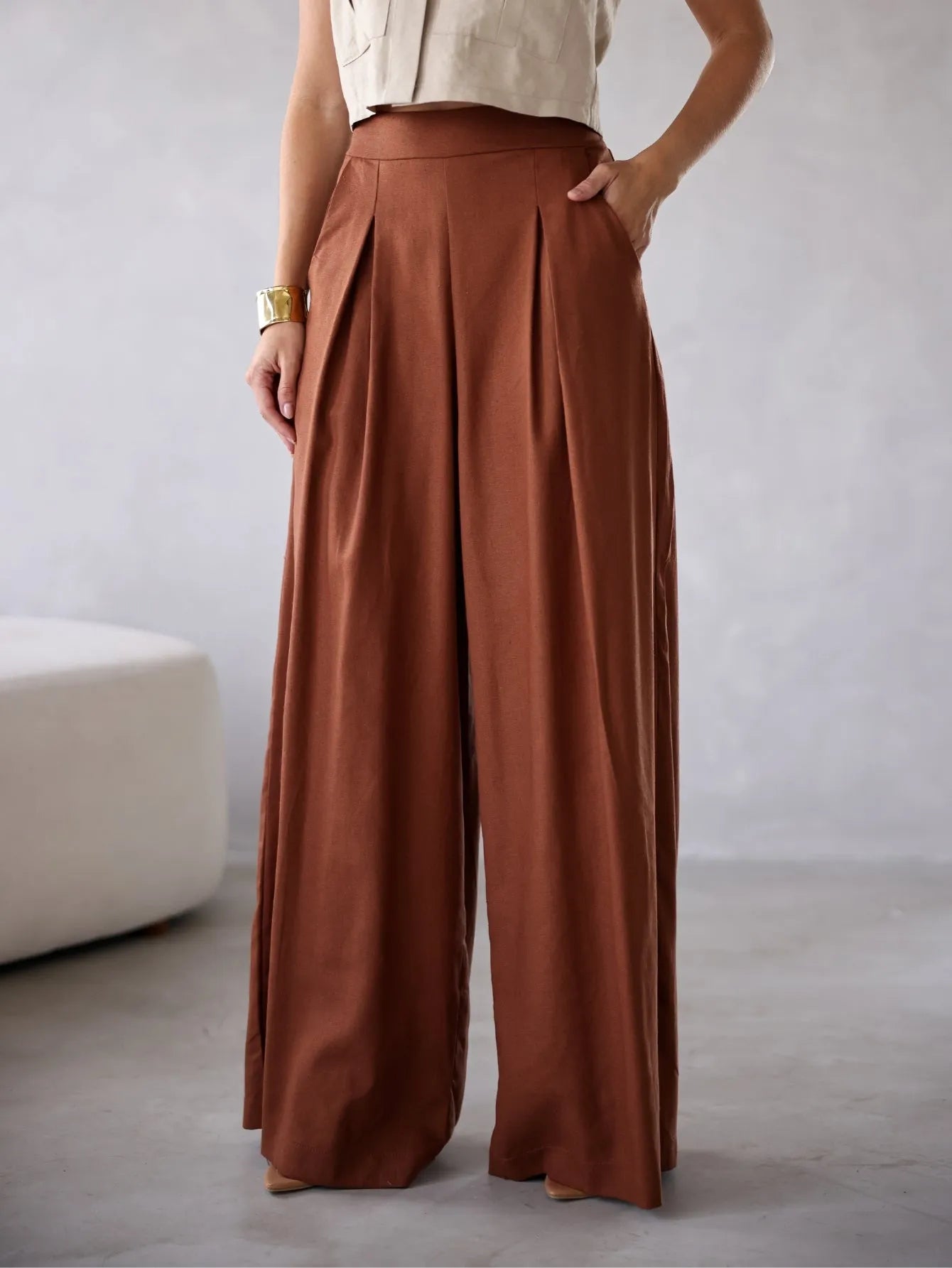 Calça Pantalona Linho Cintura Alta