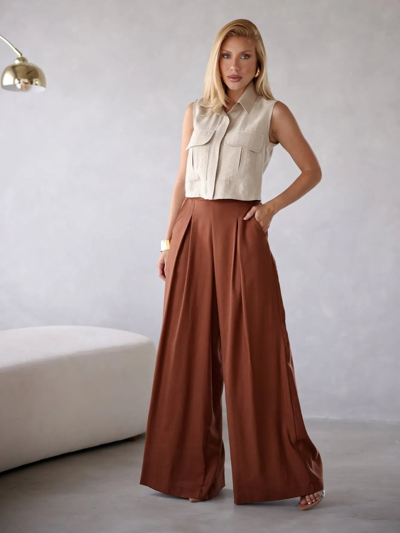 Calça Pantalona Linho Cintura Alta