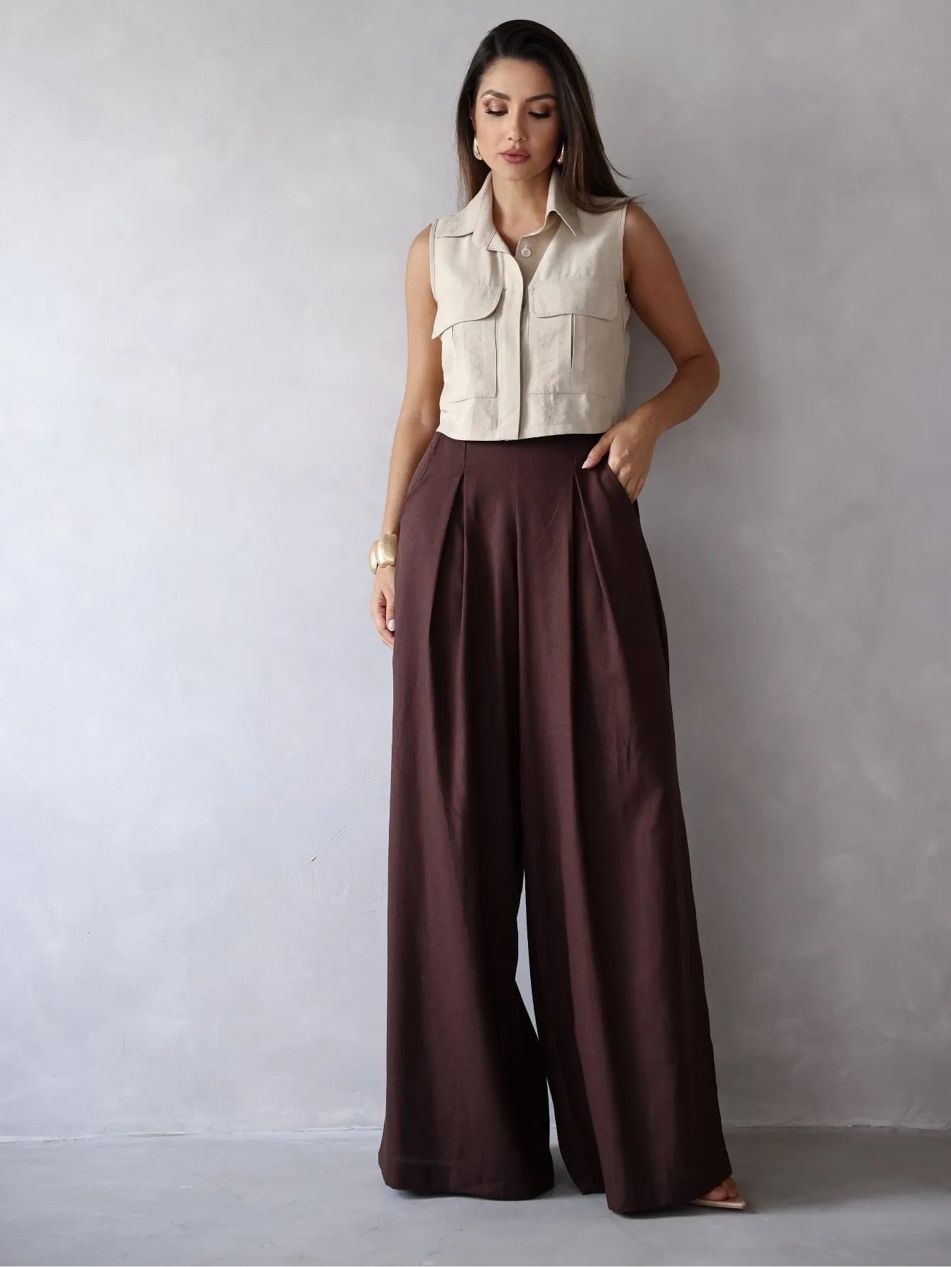 Calça Pantalona Linho Cintura Alta