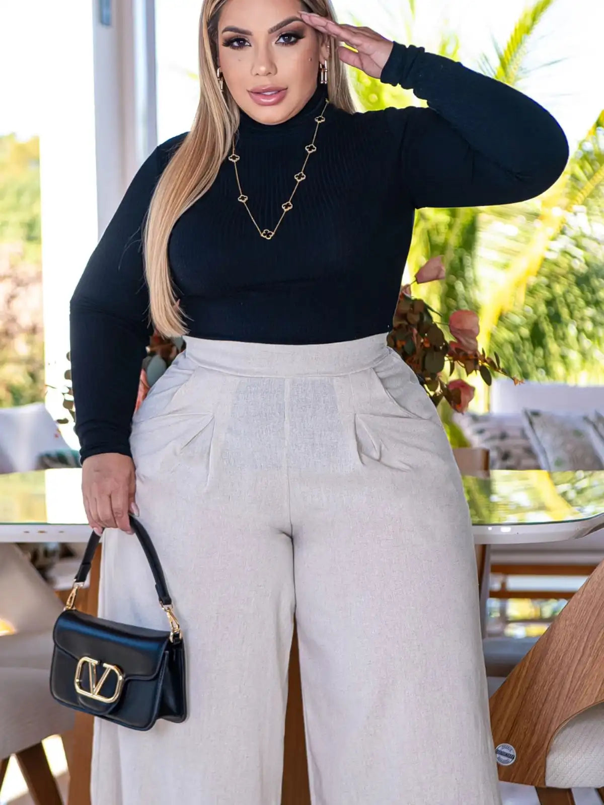 Calça Pantalona Cintura Alta com Elástico Elegante - SANTALUX - 121