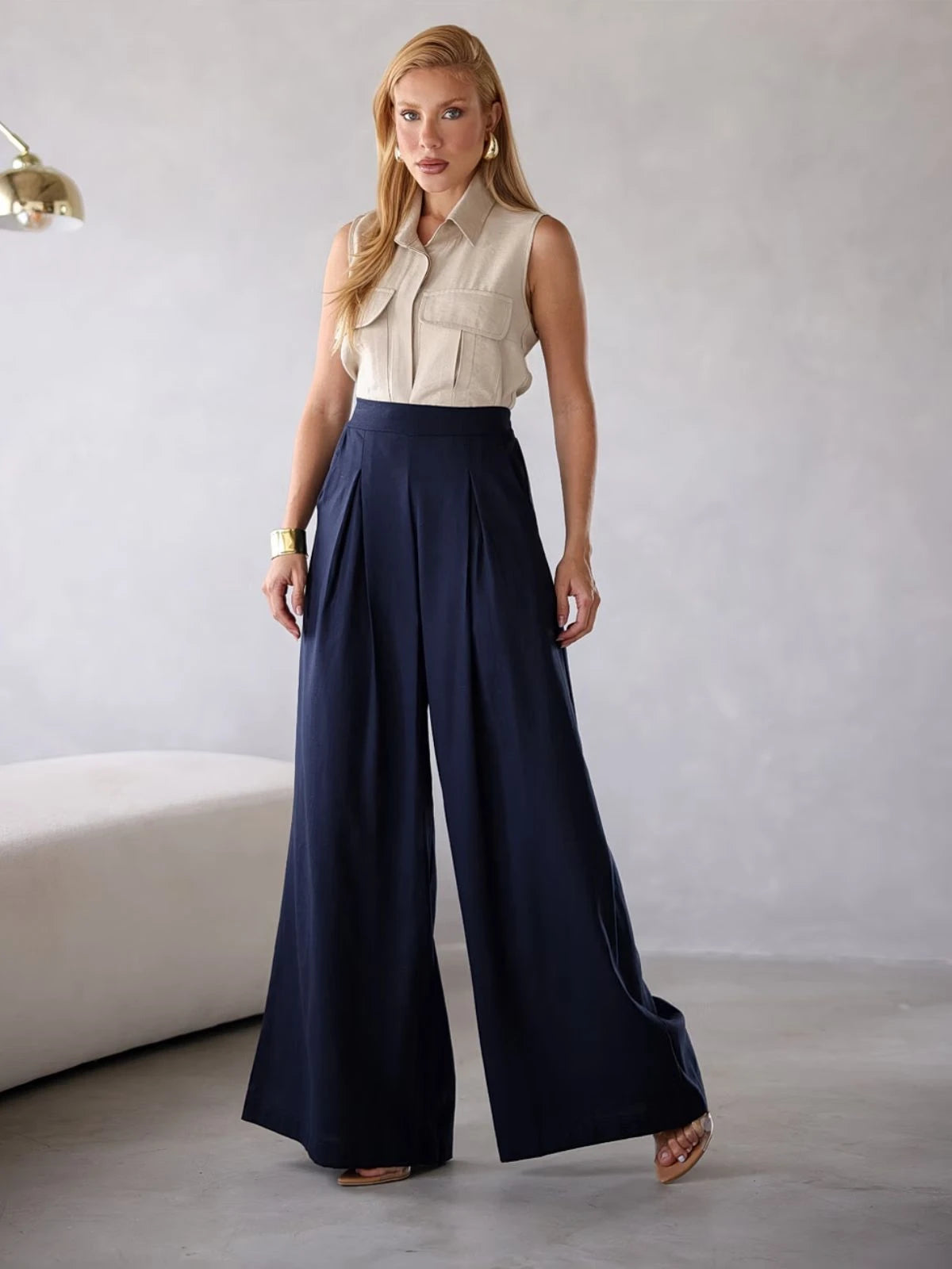 Calça Pantalona Cintura Alta com Elástico Elegante - SANTALUX - 121