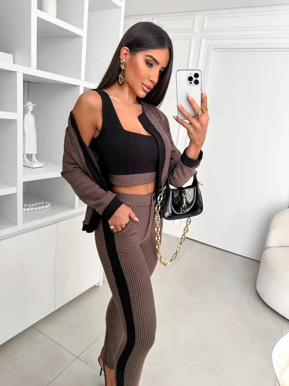 Conjunto Feminino 3 Peças Jacquard com Jaqueta, Cropped e Calça - SANTALUX