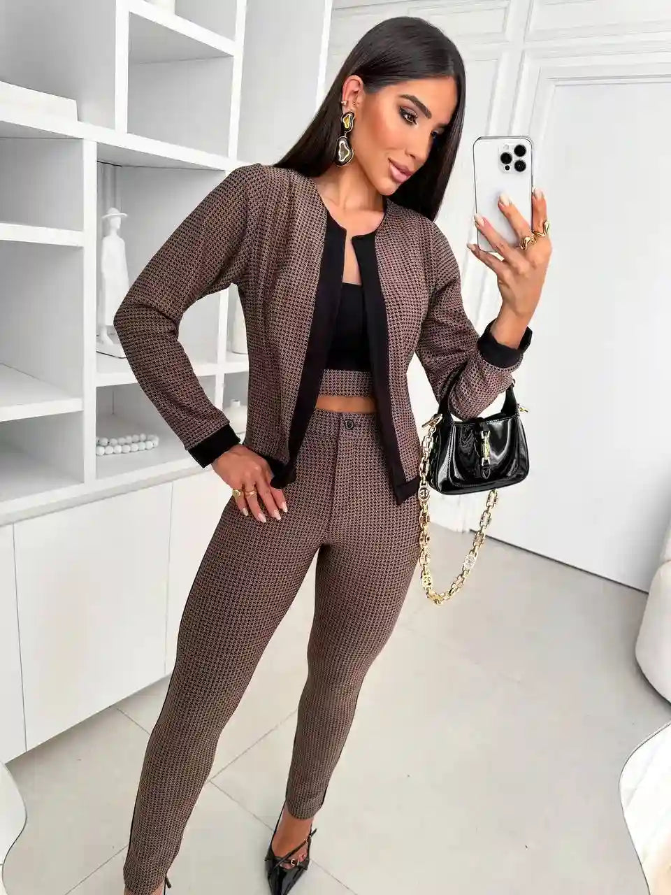 Conjunto Feminino 3 Peças Jacquard com Jaqueta, Cropped e Calça - SANTALUX