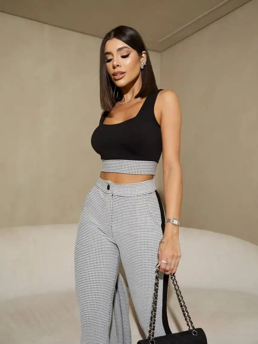 Conjunto Feminino 3 Peças Jacquard com Jaqueta, Cropped e Calça - SANTALUX