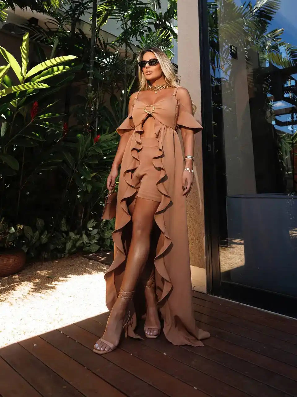 Conjunto Boho Túnica Cropped Shorts Alfaiataria