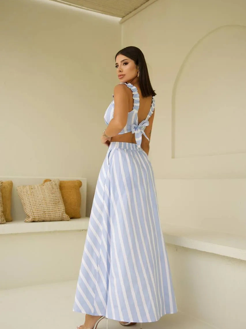 Conjunto Tricoline Feminino com Saia Longa e Cropped Estruturado