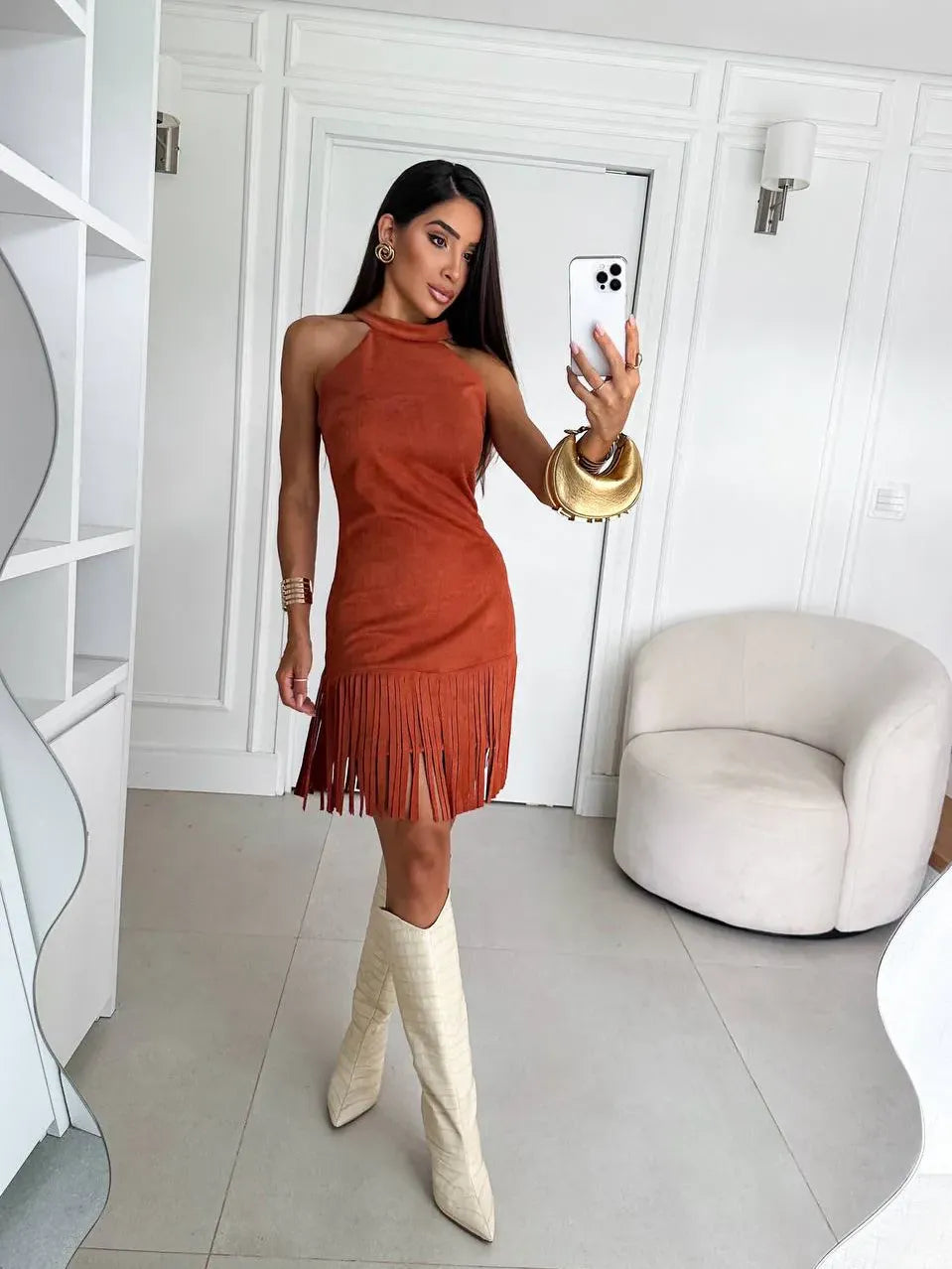 Vestido Country com Franjas e Gola Alta