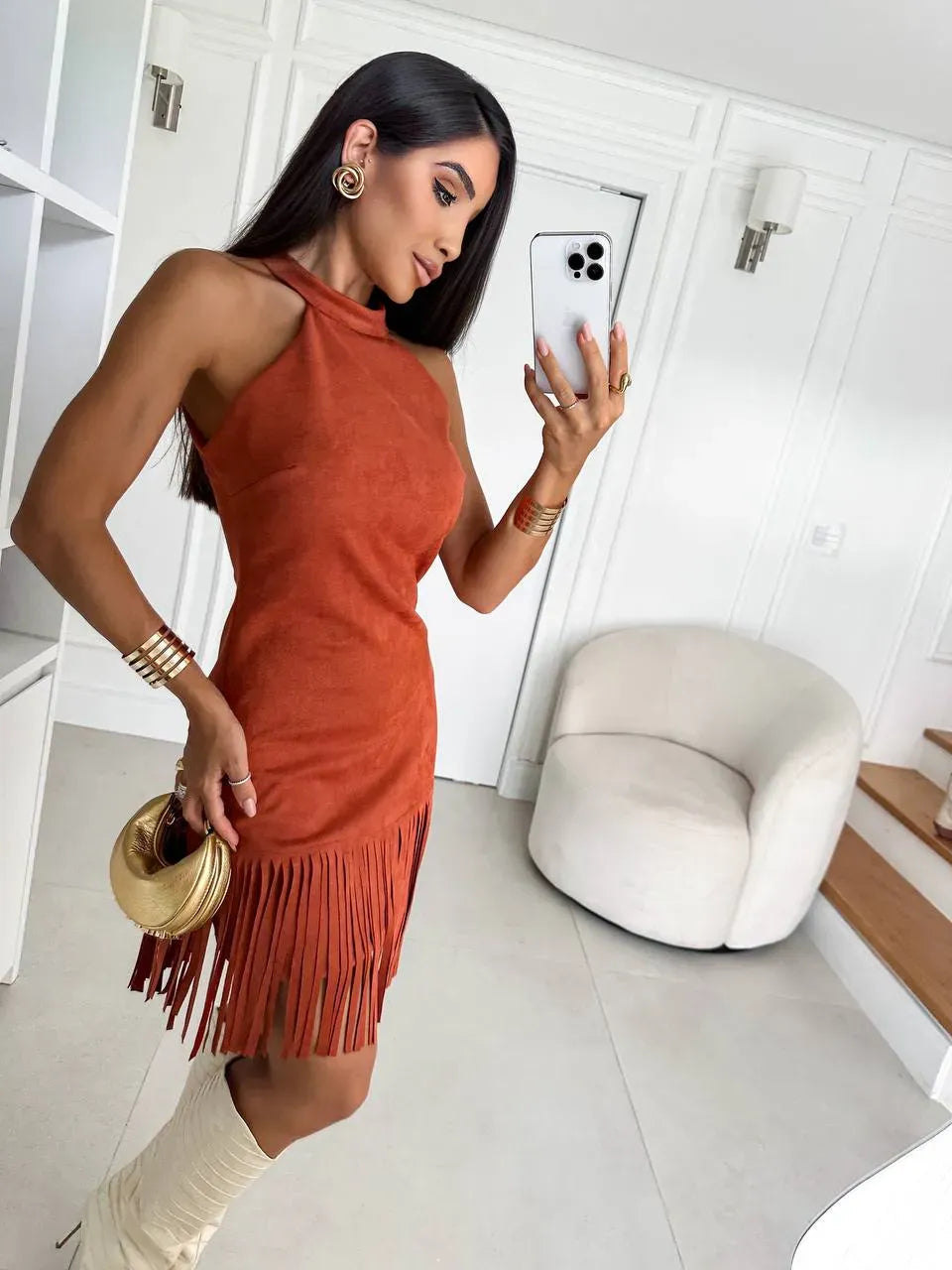 Vestido Country com Franjas e Gola Alta