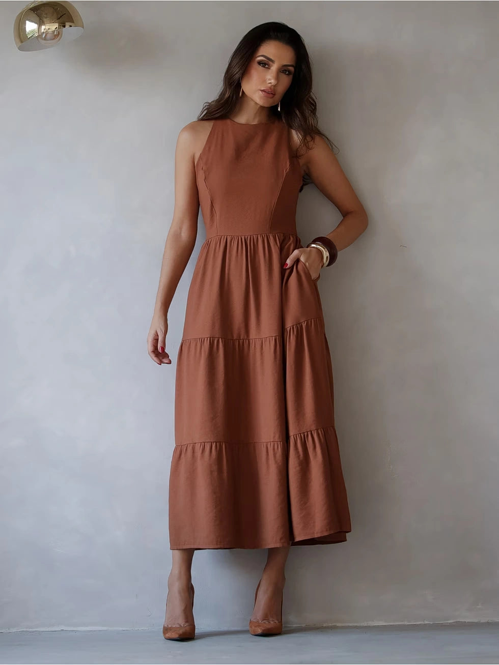 Vestido Midi Alfaiataria Sem Manga - SANTALUX - 142