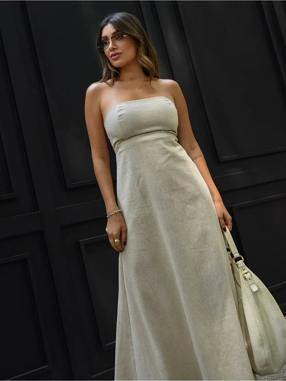 Vestido Longo Linho Sem Alças Elegante - Santalux