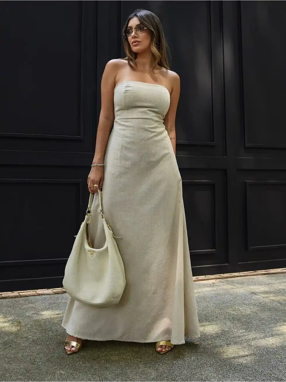 Vestido Longo Linho Sem Alças Elegante - Santalux