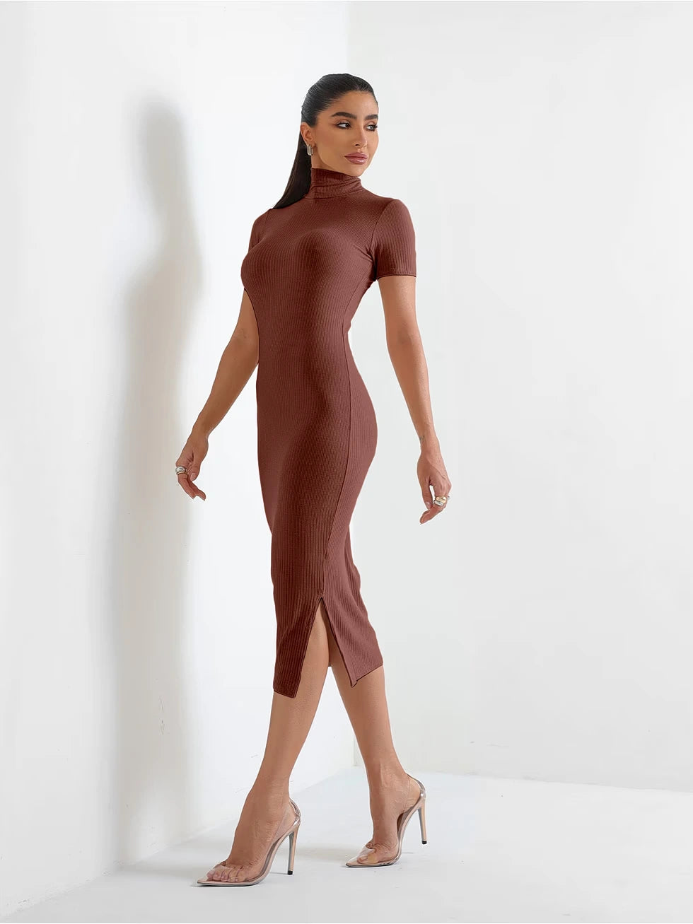 Vestido Midi Canelado Fenda Lateral - Santalux - 124