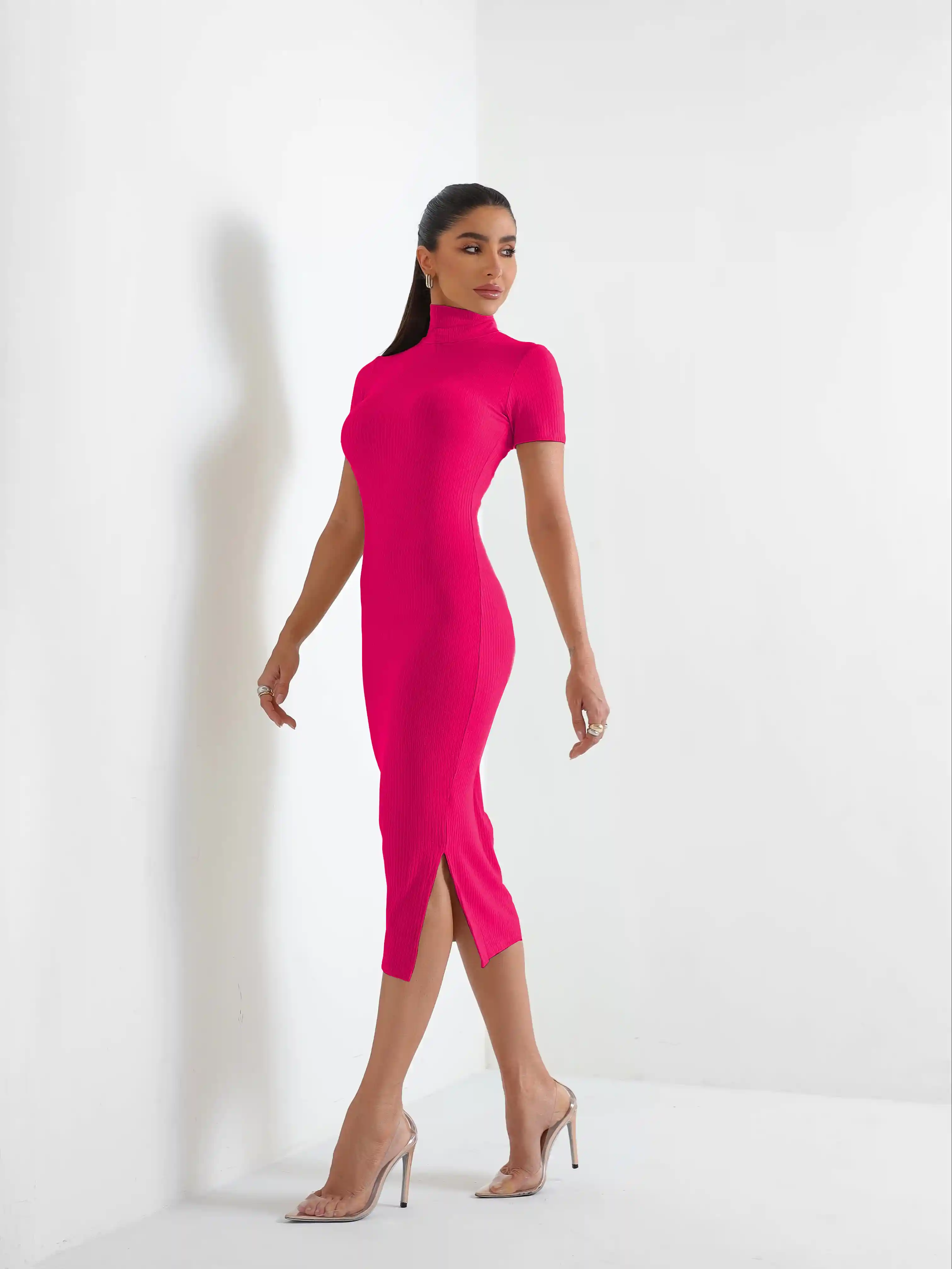 Vestido Midi Canelado Fenda Lateral - Santalux - 124